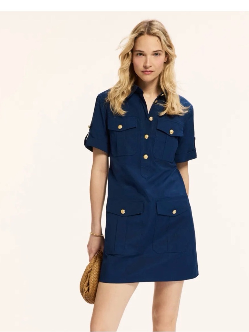 Veronica Beard Navy Short-Sleeve Utility Dress with Gold Buttons
